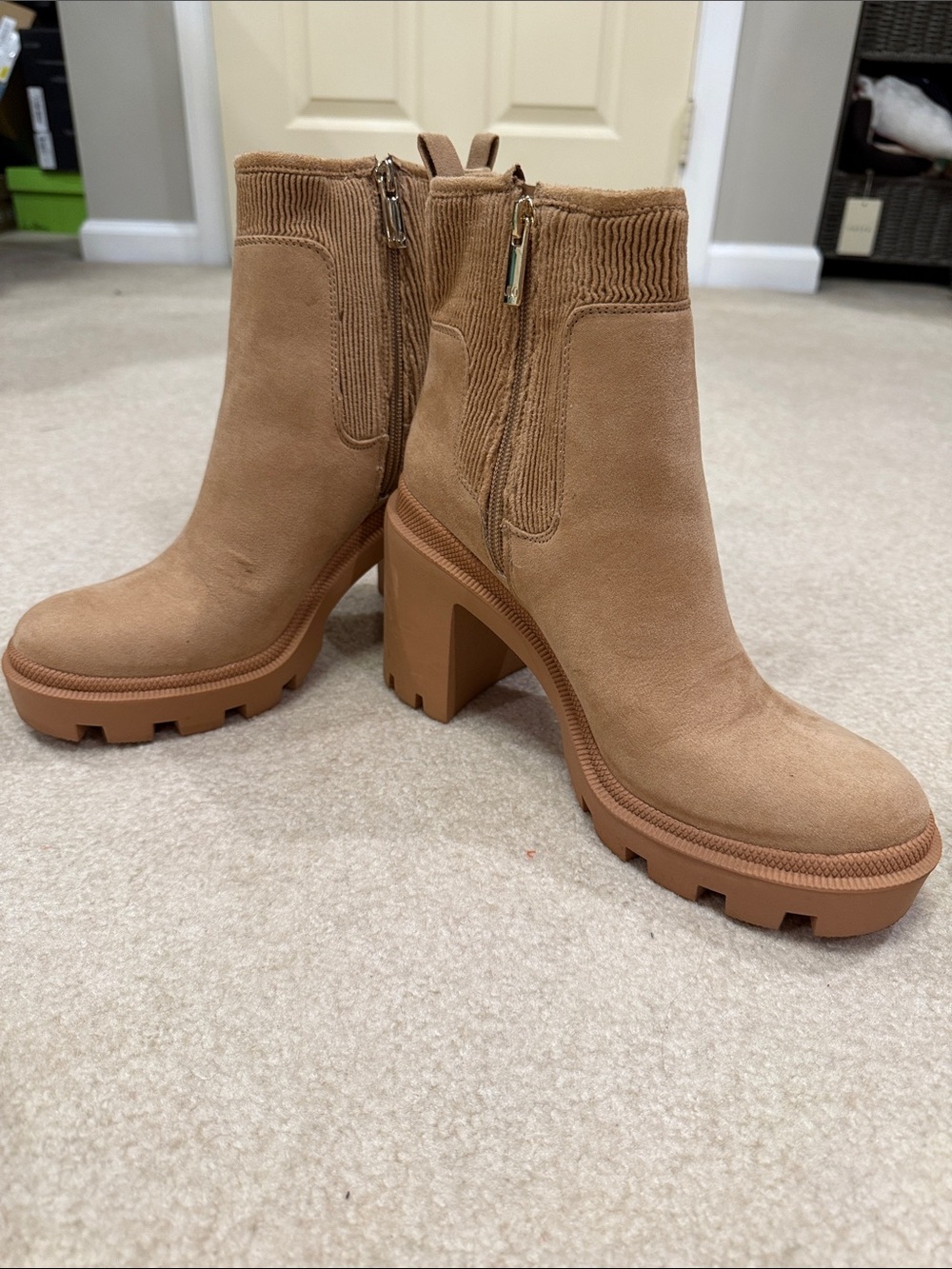Chunky Heel Ankle Boots - Tan Suede